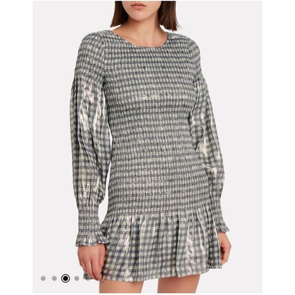 NWT LoveShackFancy Scarlett Gingham Metallic Smocked Dress Silver Size XS - Picture 11 of 12